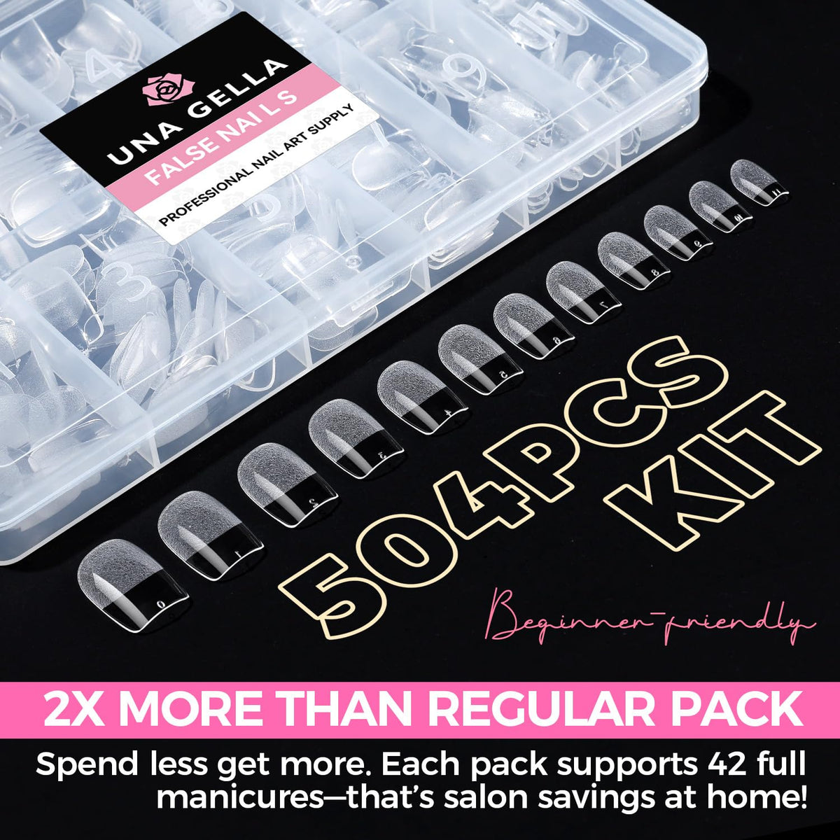 UNA GELLA Almond Gel Nail Tips 504PCS Pre-Etched Clear Fake Nails Tips
