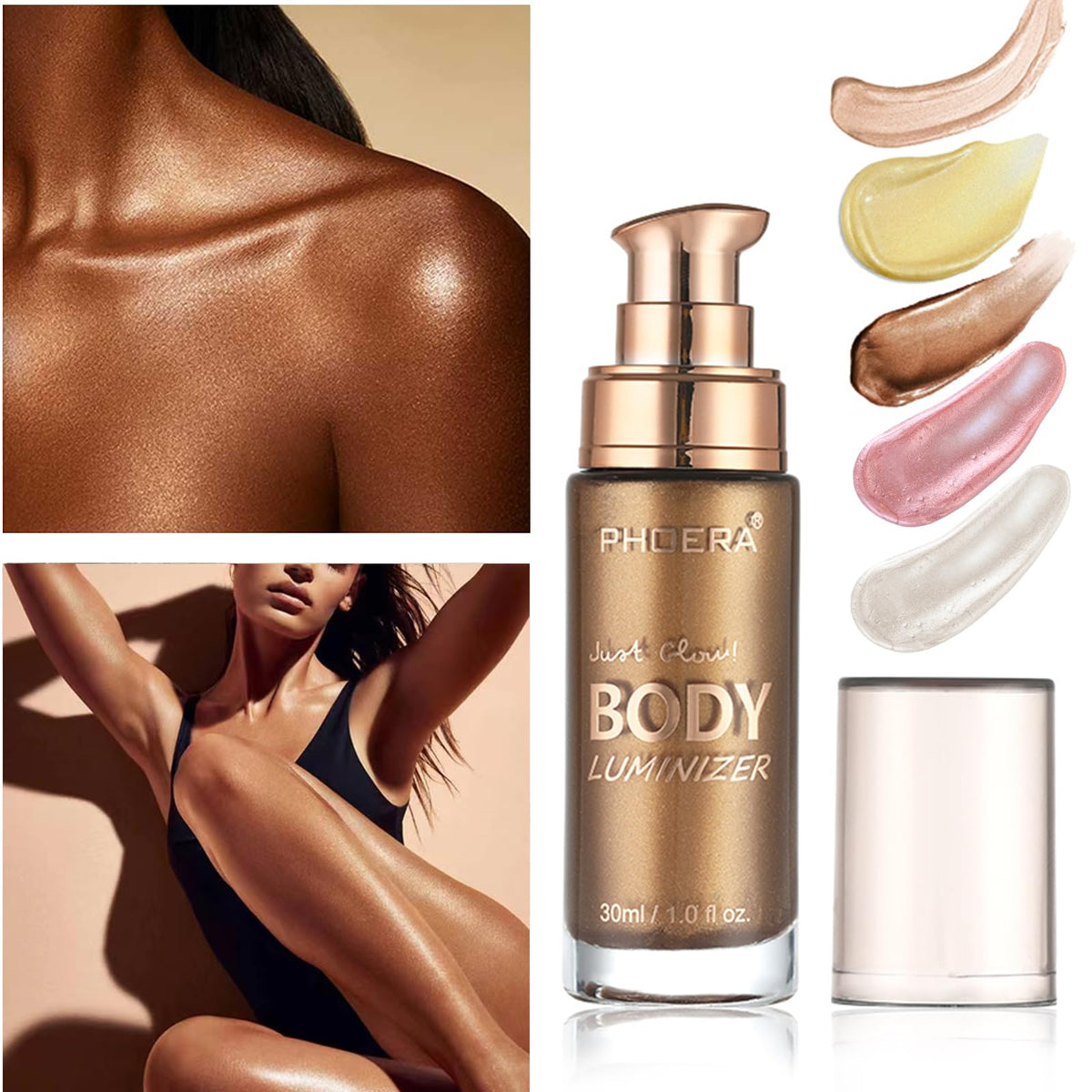 Body Shimmer Oil, Rose Gold Natural Glow Luminizer, Brush Include, 1oz
