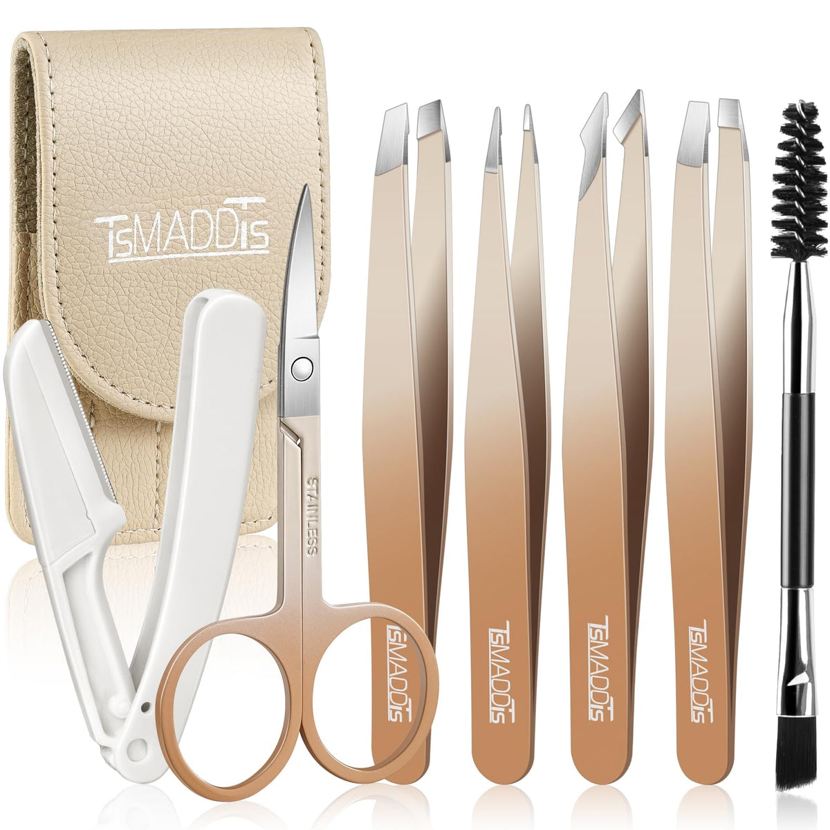 TsMADDTs 7 pcs Tweezers for Women Facial Hair, Precision Tweezer Set for Eyebrows with Curved Scissor and Eyebrow Razor for Ingrown Hair