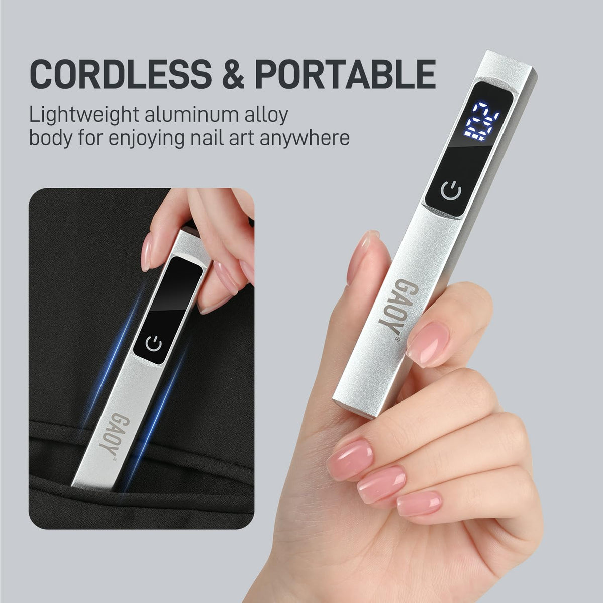 GAOY Handheld UV Light for Gel Nails with Stand, Cordless Nail Lamp, Silver