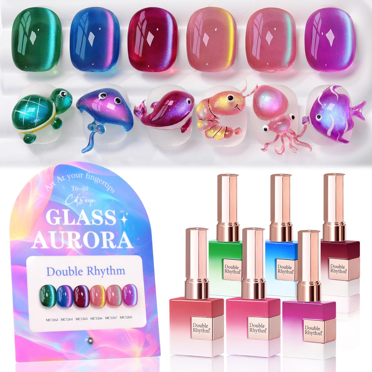 Double Rhythm Cat Eye Gel Nail Polish Set of 6 Same Color Same Bottle 0.5 Oz Shimmer Glitter with Magnet Holographic Magnetic UV Nail Polish Kit (Blush Fuchsia Magenta Purple Violet Lavender -T6-107)