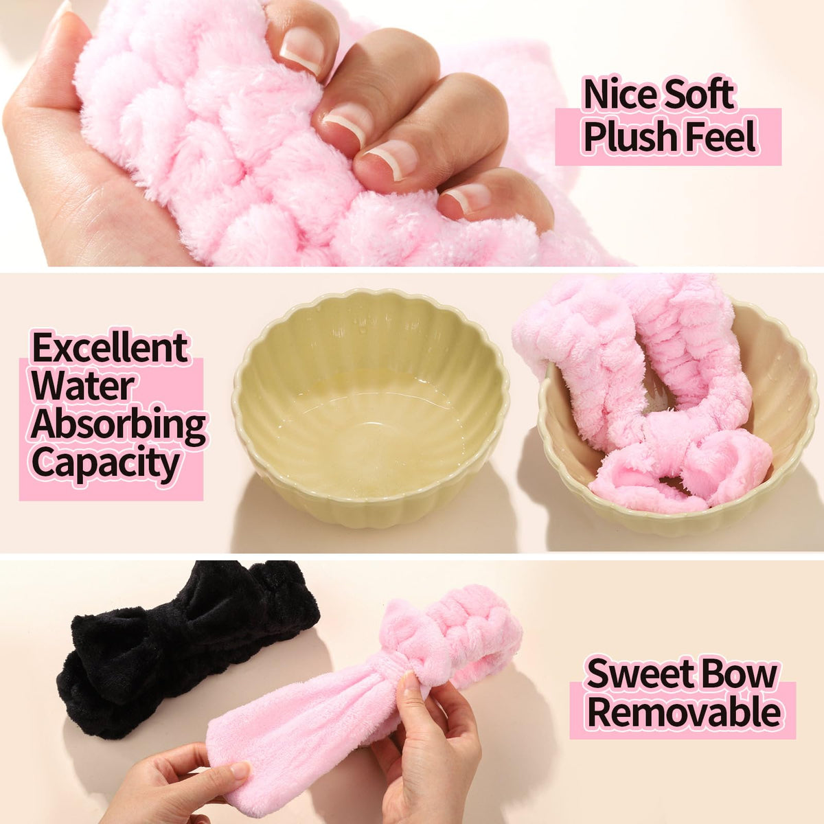 LEOBRO Spa Headband, 6pcs Makeup Headbands and Hair Scrunchies, Bow Skin Care Headband for Washing Face for Teen Girls Women, Easter Basket Valentines Christmas Gift for Girls, Black & White & Gray