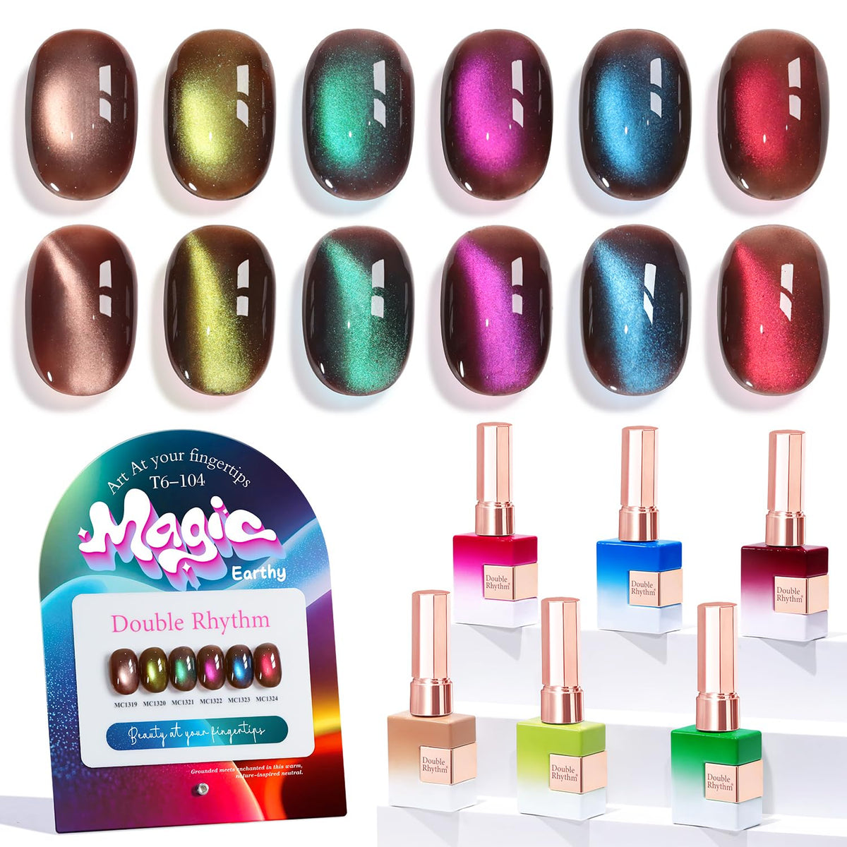 Double Rhythm Cat Eye Gel Nail Polish Set of 6 Same Color Same Bottle 0.5 Oz Shimmer Glitter with Magnet Holographic Magnetic UV Nail Polish Kit (Blush Fuchsia Magenta Purple Violet Lavender -T6-107)