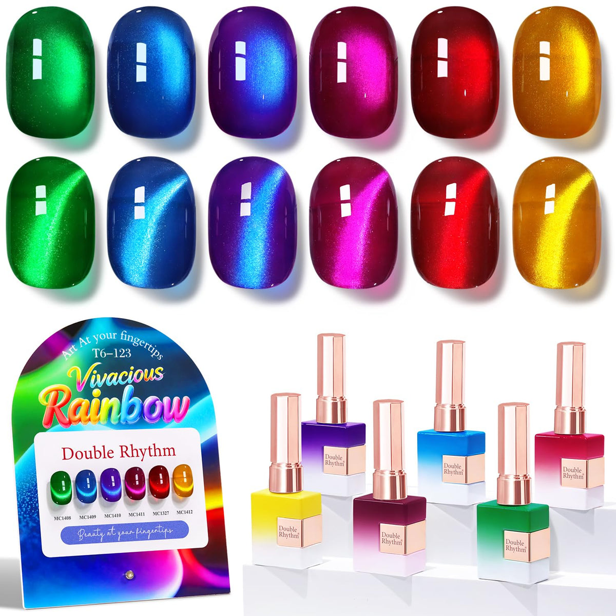 Double Rhythm Cat Eye Gel Nail Polish Set of 6 Same Color Same Bottle 0.5 Oz Shimmer Glitter with Magnet Holographic Magnetic UV Nail Polish Kit (Blush Fuchsia Magenta Purple Violet Lavender -T6-107)