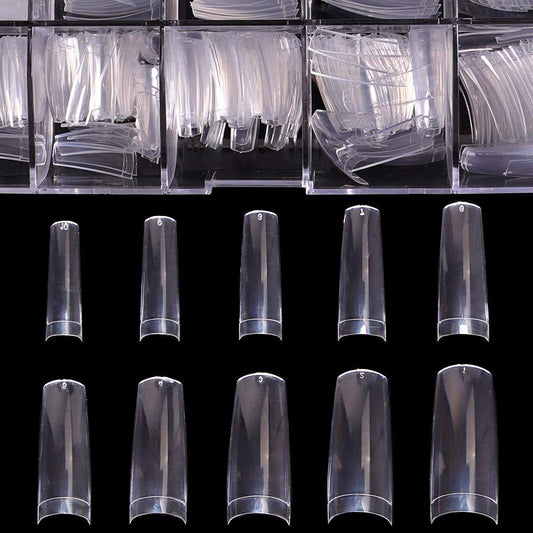 BTArtbox Half Cover Clear Fake Nails with Case, Long Square, 500 Pcs