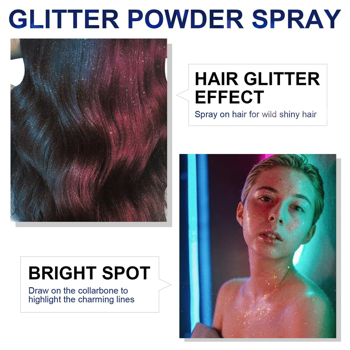 HANYWIL Body Glitter, Glitter Spray for Hair and Body, Spray, Hairspray Clothes, Long-Lasting Shimmer Suitable Stage, Festival Rave Makeup Prom 2.11 Fl Oz