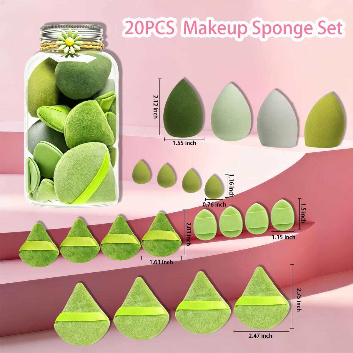 20PCS Makeup Sponge Set With Storage Jar, Wet & Dry Dual Use Beauty Blenders, Triangle Powder Puffs & Mini Finger Puffs,Soft Latex Free Sponges for Liquid, Cream, Powder And Concealer（Blue）