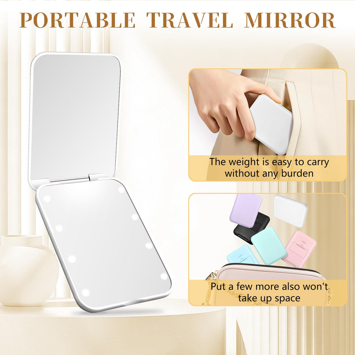 Compact Mirror with Light, 1X/3X Magnification LED Pocket Mirror for Women