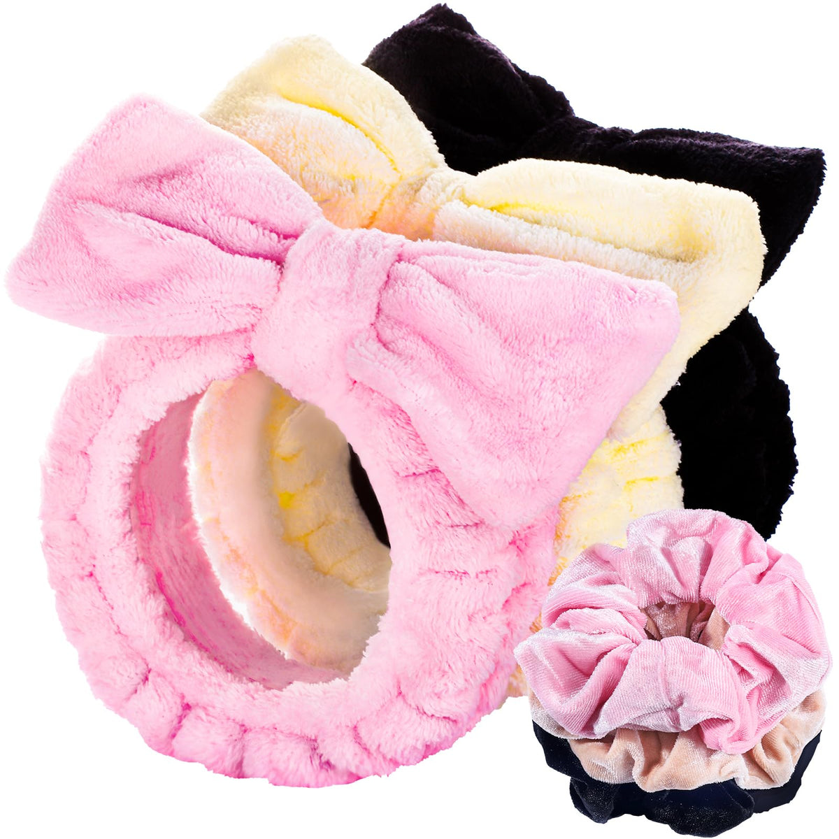 LEOBRO Spa Headband, 6pcs Makeup Headbands and Hair Scrunchies, Bow Skin Care Headband for Washing Face for Teen Girls Women, Easter Basket Valentines Christmas Gift for Girls, Black & White & Gray