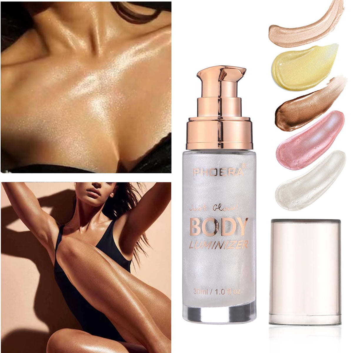 Body Shimmer Oil, Rose Gold Natural Glow Luminizer, Brush Include, 1oz