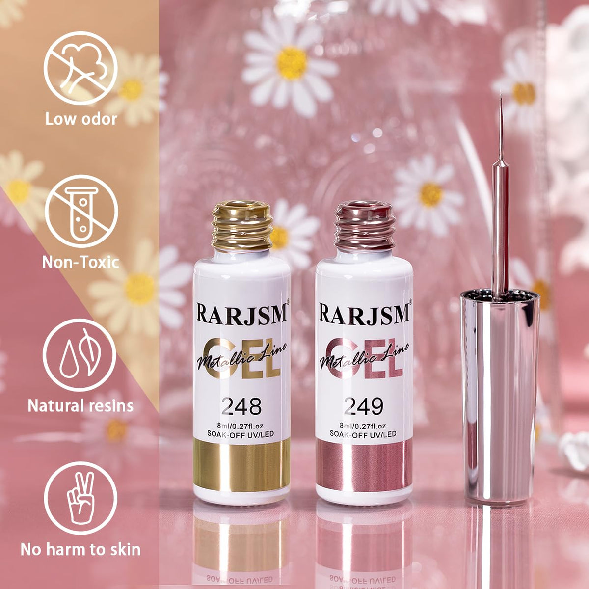 RARJSM Metallic Gel Liner Nail Art Silver Bronze Gold 2pcs Set Mirror Chrome 3D Effect Gel Nail Polish 8ml Build in Thin Brush Metal Painted Drawing Stripper Gelpolish Curing Requires for Home Salon