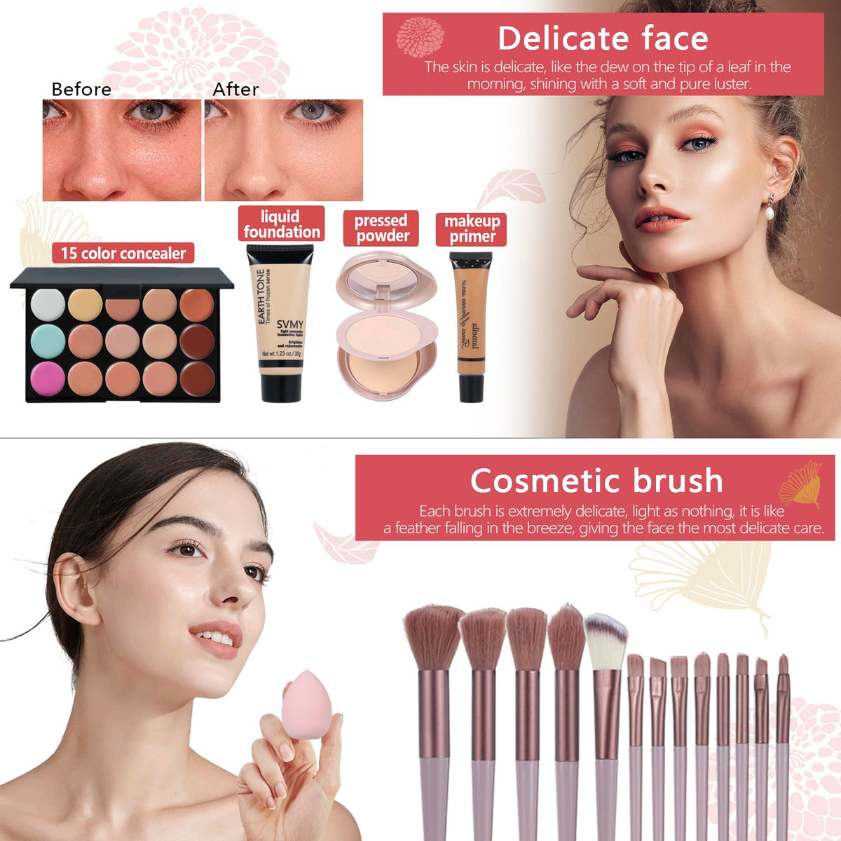 Makeup Set for Women Full Kit Includes, eyeshadow、 liquidfoundation,Loose powder,Eyebrow pencil,Lipstick Eye Pencil Makeup BrushesMakeup practice board 4-color lip gloss set
