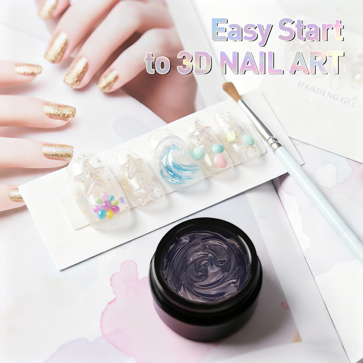 3D Sculpting Gel Kit – 2×20g Nail Art Gels with Dual Pens, Gold & Silver Chrome Powders, Brushes & Rhinestone Tray for DIY Nail Design at Home or Salon