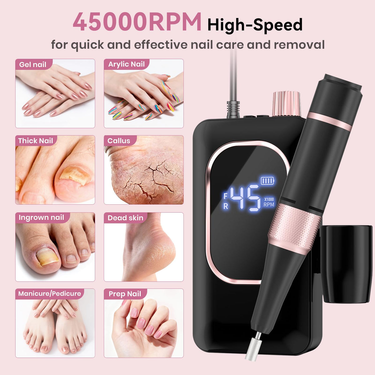 Hoxida Professional Nail Drill 45000RPM,Electric Nail File with LCD Display