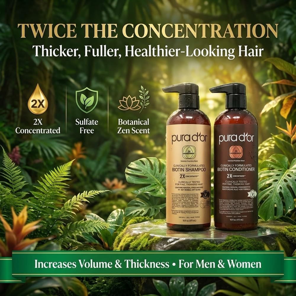 PURA D'OR Gold Label Anti-Thinning Biotin Shampoo & Conditioner, 16oz x2