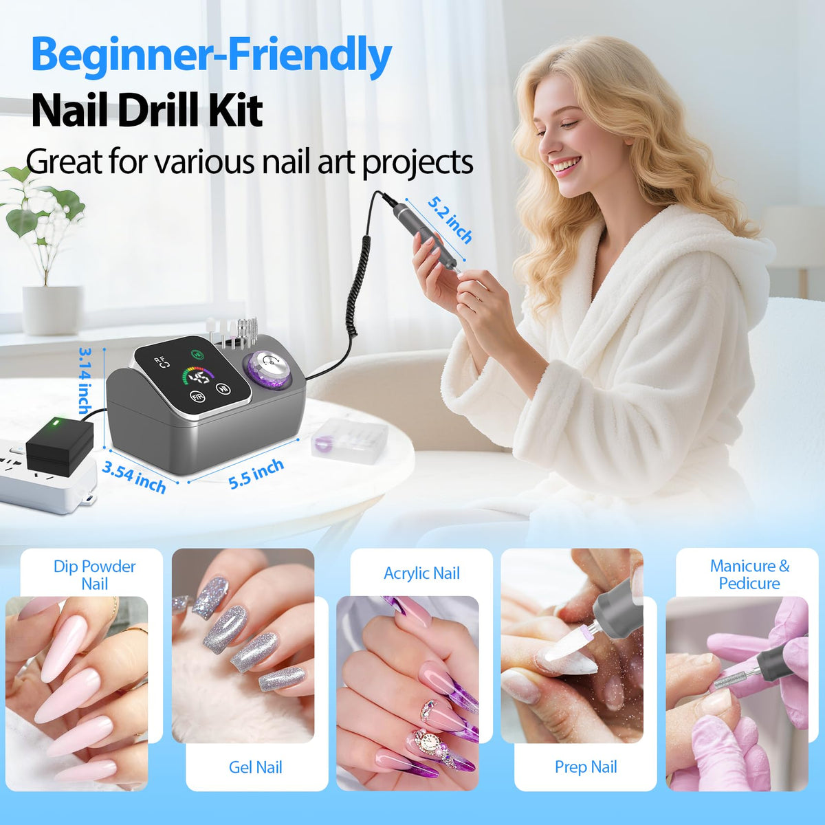 45000RPM Professional Corded Nail Drill E-File Kit for Salon Home
