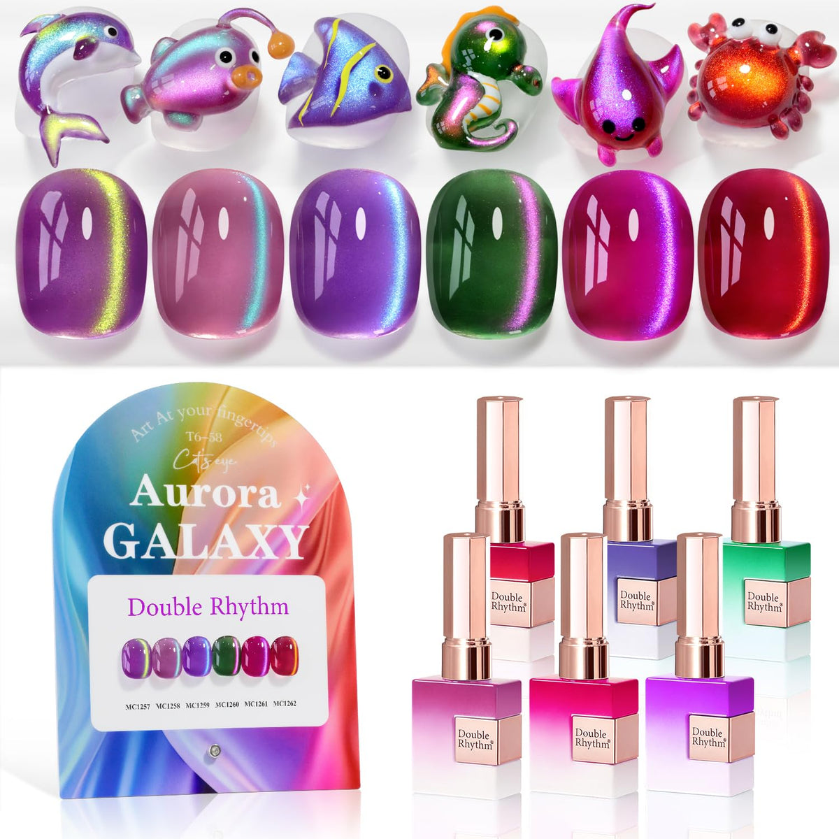 Double Rhythm Cat Eye Gel Nail Polish Set of 6 Same Color Same Bottle 0.5 Oz Shimmer Glitter with Magnet Holographic Magnetic UV Nail Polish Kit (Blush Fuchsia Magenta Purple Violet Lavender -T6-107)
