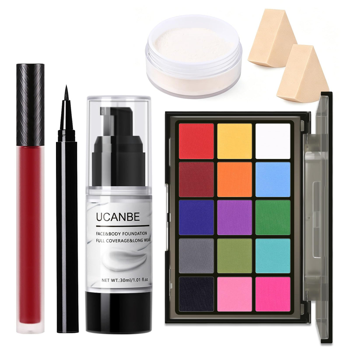 UCANBE Halloween Makeup Kit – 15-Color Purple Eyeshadow Palette, White Liquid Foundation, Purple Liquid Lipstick, Black Eyeliner, Setting Powder & Sponges Makeup Set for Cosplay Witch Devil Sorceress