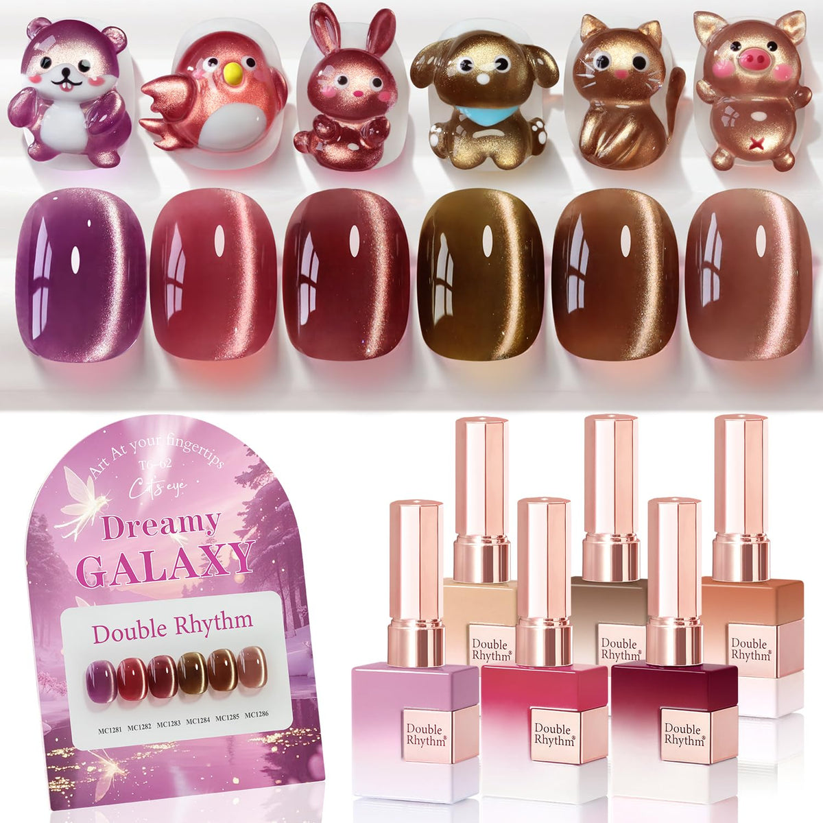 Double Rhythm Cat Eye Gel Nail Polish Set of 6 Same Color Same Bottle 0.5 Oz Shimmer Glitter with Magnet Holographic Magnetic UV Nail Polish Kit (Blush Fuchsia Magenta Purple Violet Lavender -T6-107)