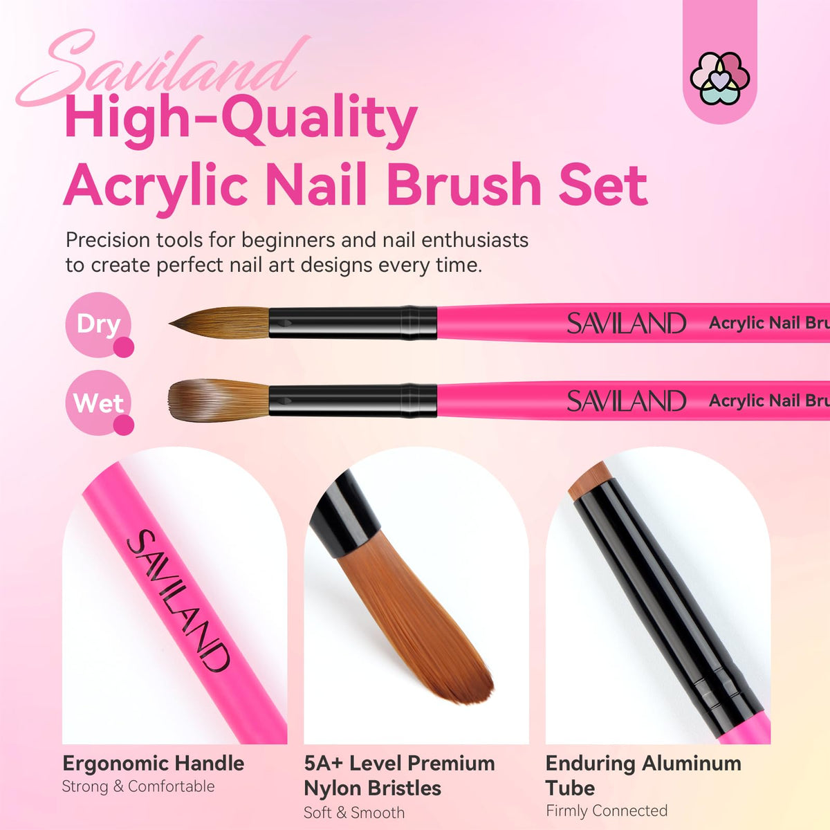 SAVILAND 3PCS Acrylic Nail Brush Set Size 8/10/14 Black & White