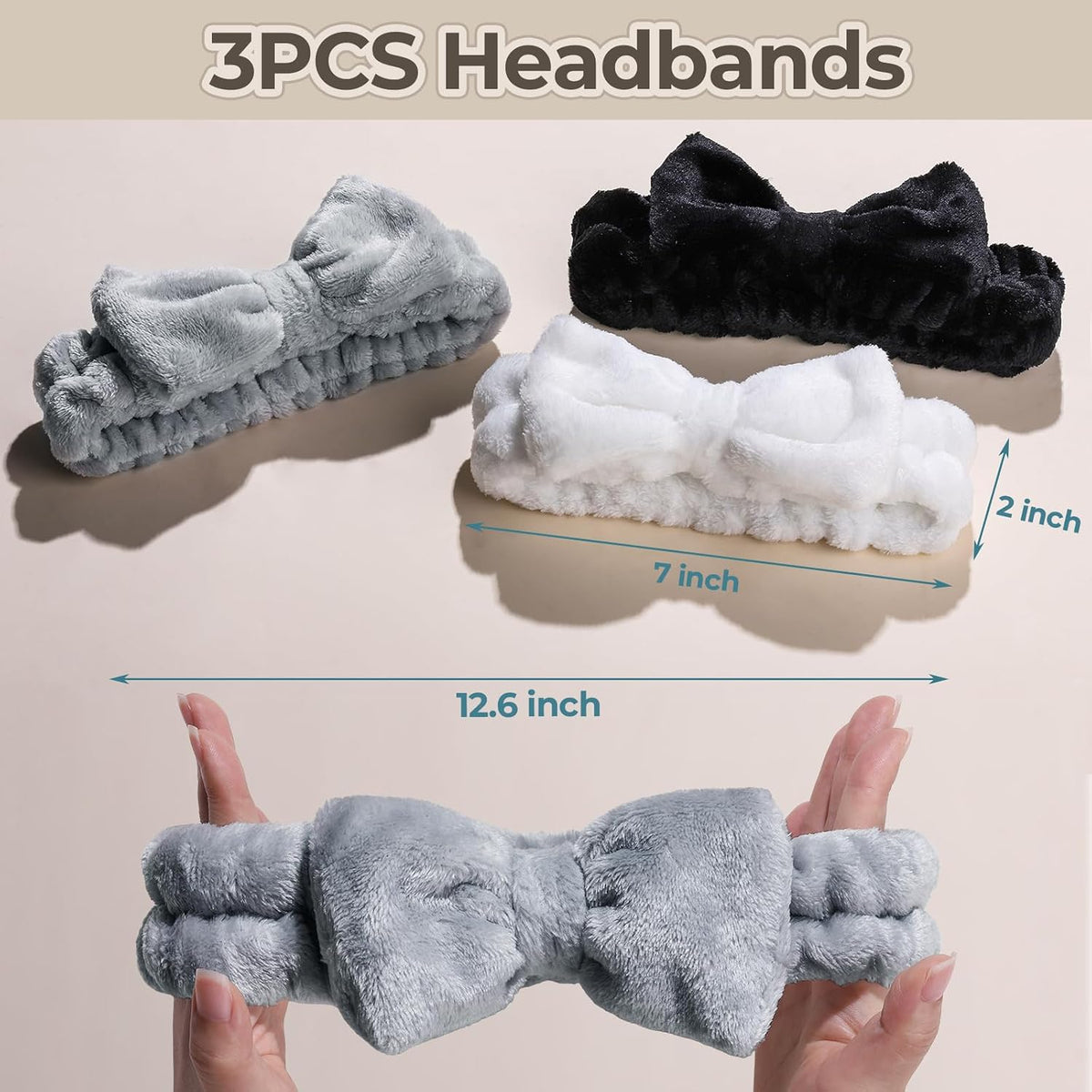 LEOBRO Spa Headband, 6pcs Makeup Headbands and Hair Scrunchies, Bow Skin Care Headband for Washing Face for Teen Girls Women, Easter Basket Valentines Christmas Gift for Girls, Black & White & Gray