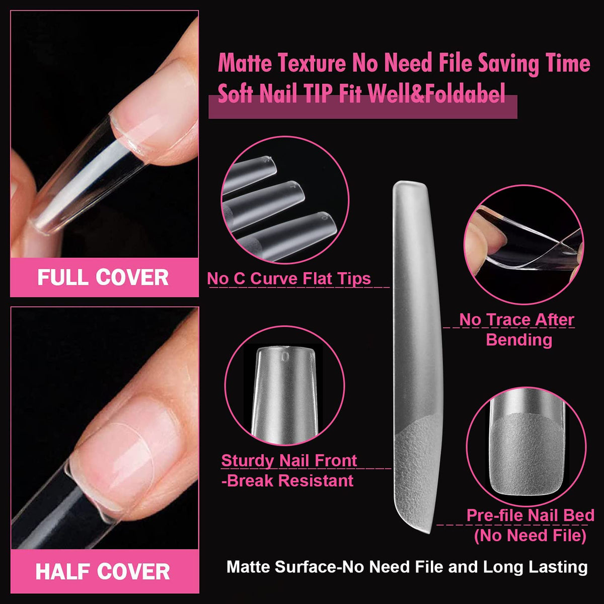 UNA GELLA Square Nail Tips XXL Long Half Cover Gel Tips 120PCS