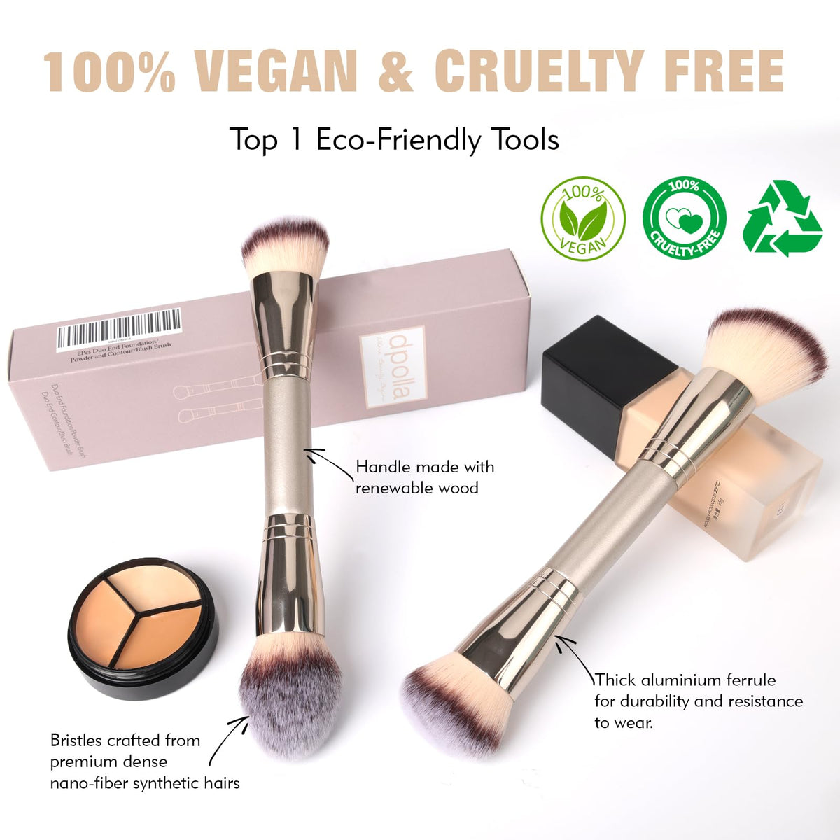 Dual-Ended Foundation Brush: Round & Angled makeup brushes, 100% Vegan Synthetic Makeup Brush for Flawless Blending and Application of Liquid, Powder, Cream, Blush