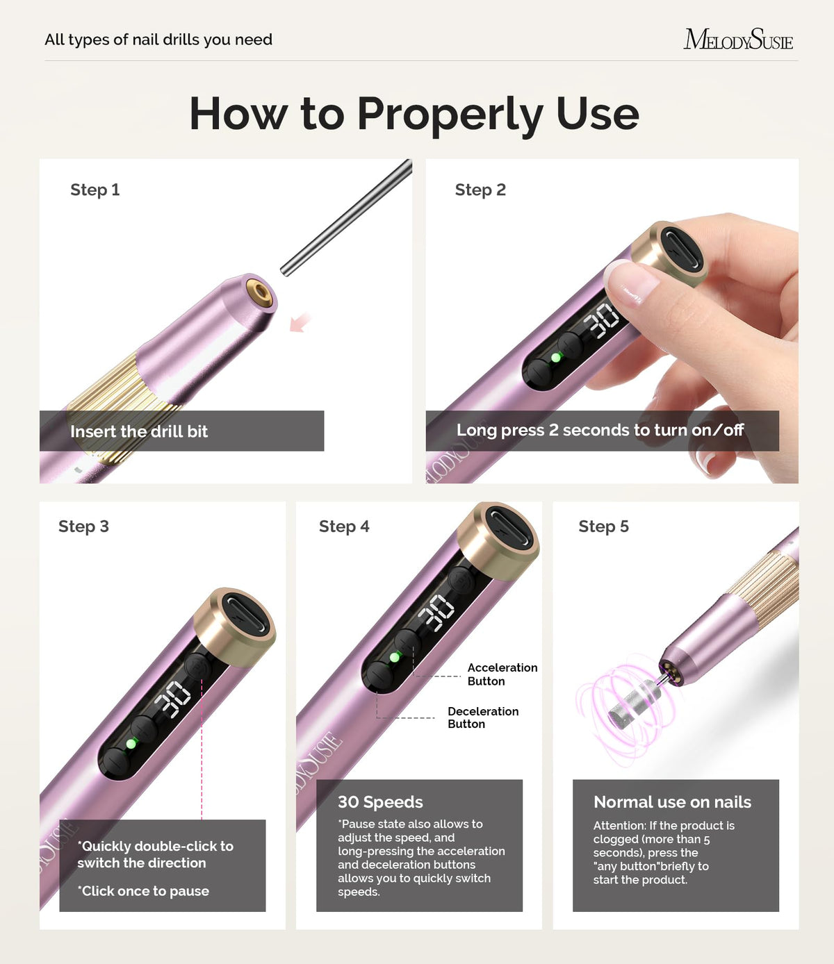 MelodySusie Pen-Shaped Cordless Nail Drill 30,000RPM PM180G for Nail Artist