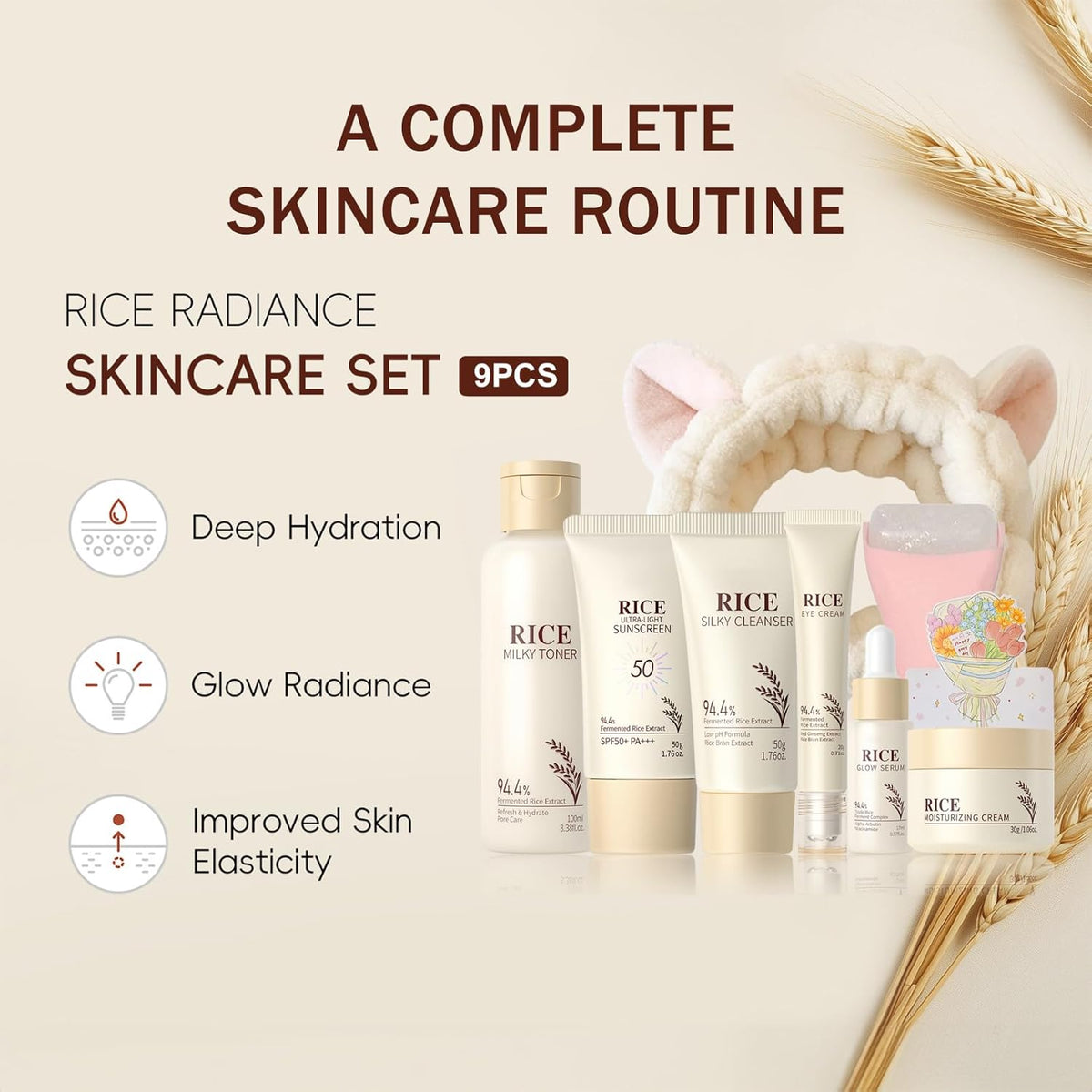 9PCS Rice Skincare Set for Women & Girls – Korean Skin Care Set with Rice Cleanser, Toner, Serum, Face Cream, Eye Cream, Sunscreen, Ice Roller, Headband & Card – Moisturizing & Skin Barrier Support