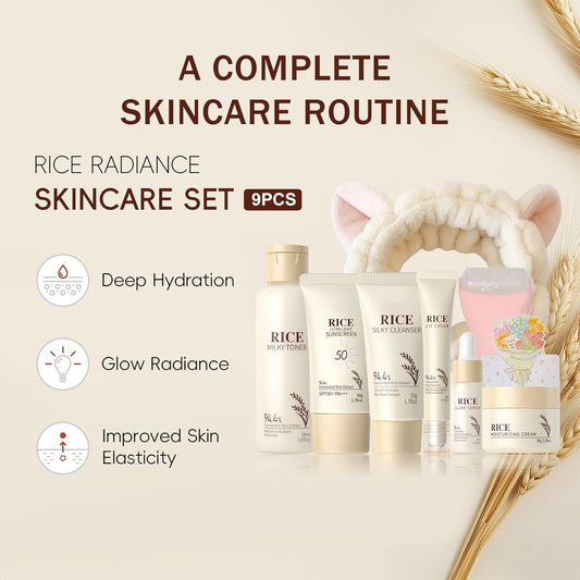 9PCS Rice Skincare Set for Women & Girls – Korean Skin Care Set with Rice Cleanser, Toner, Serum, Face Cream, Eye Cream, Sunscreen, Ice Roller, Headband & Card – Moisturizing & Skin Barrier Support