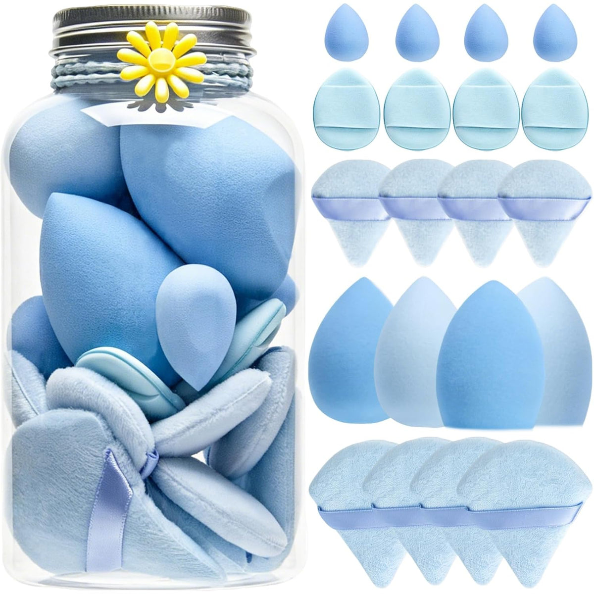 20PCS Makeup Sponge Set With Storage Jar, Wet & Dry Dual Use Beauty Blenders, Triangle Powder Puffs & Mini Finger Puffs,Soft Latex Free Sponges for Liquid, Cream, Powder And Concealer（Blue）
