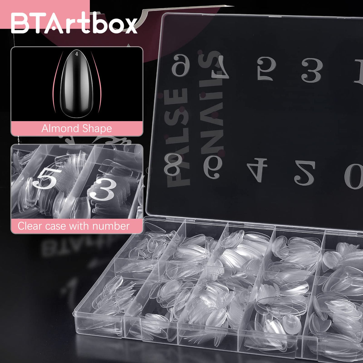 BTArtbox Half Cover Clear Fake Nails with Case, Long Square, 500 Pcs