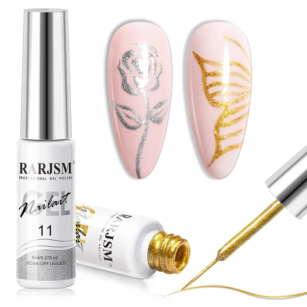 RARJSM Metallic Gel Liner Nail Art Silver Bronze Gold 2pcs Set Mirror Chrome 3D Effect Gel Nail Polish 8ml Build in Thin Brush Metal Painted Drawing Stripper Gelpolish Curing Requires for Home Salon