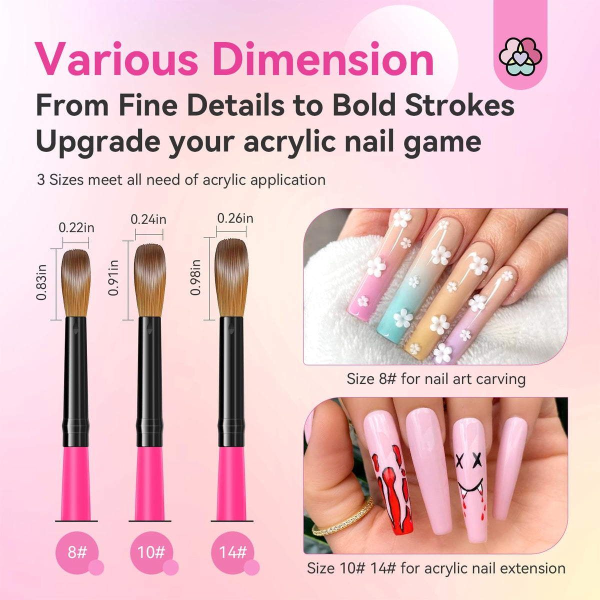 SAVILAND 3PCS Acrylic Nail Brush Set Size 8/10/14 Black & White