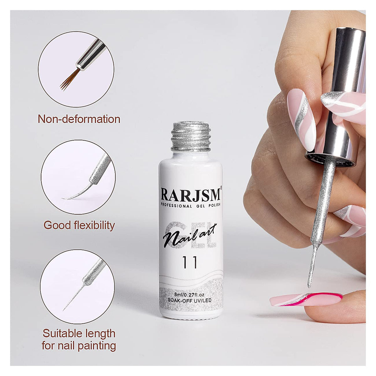 RARJSM Metallic Gel Liner Nail Art Silver Bronze Gold 2pcs Set Mirror Chrome 3D Effect Gel Nail Polish 8ml Build in Thin Brush Metal Painted Drawing Stripper Gelpolish Curing Requires for Home Salon