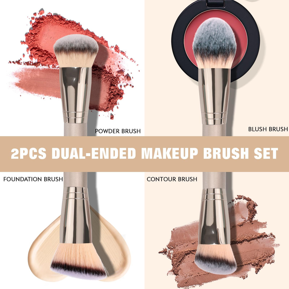 Dual-Ended Foundation Brush: Round & Angled makeup brushes, 100% Vegan Synthetic Makeup Brush for Flawless Blending and Application of Liquid, Powder, Cream, Blush