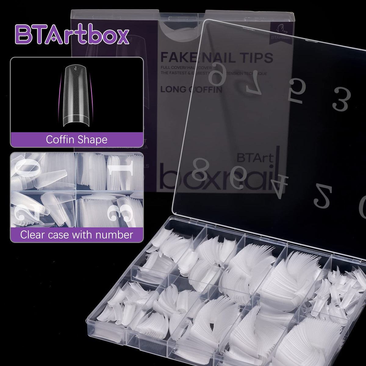 BTArtbox Half Cover Clear Fake Nails with Case, Long Square, 500 Pcs