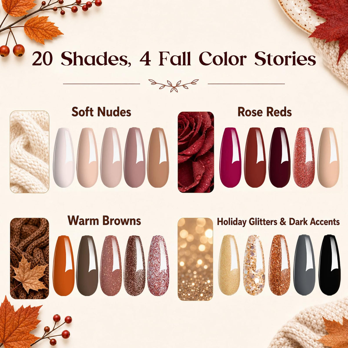 Beetles Fall Gel Nail Polish Set, 23Pcs Brown Burgundy Red Nude Pink