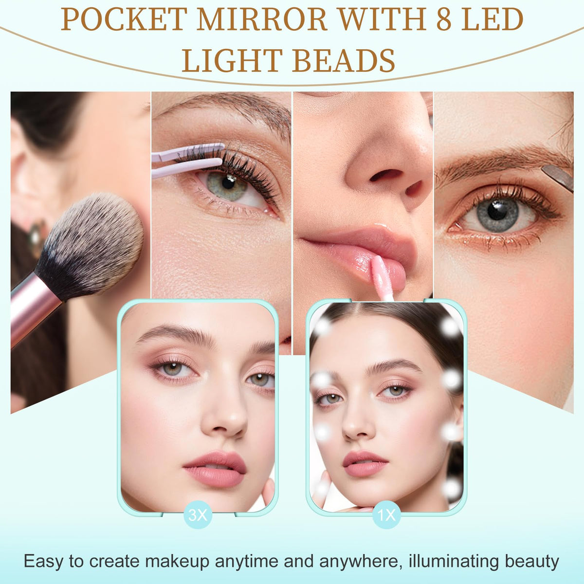 Compact Mirror with Light, 1X/3X Magnification LED Pocket Mirror for Women