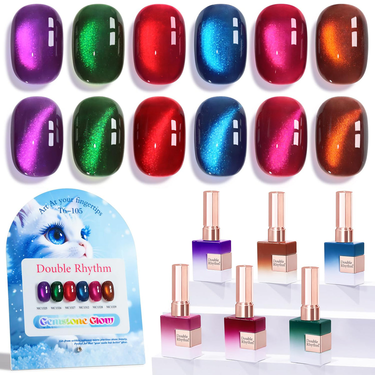 Double Rhythm Cat Eye Gel Nail Polish Set of 6 Same Color Same Bottle 0.5 Oz Shimmer Glitter with Magnet Holographic Magnetic UV Nail Polish Kit (Blush Fuchsia Magenta Purple Violet Lavender -T6-107)