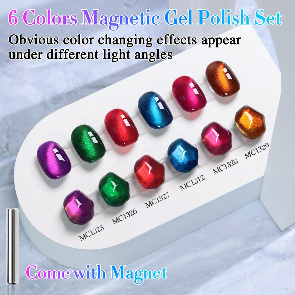 Double Rhythm Cat Eye Gel Nail Polish Set of 6 Same Color Same Bottle 0.5 Oz Shimmer Glitter with Magnet Holographic Magnetic UV Nail Polish Kit (Blush Fuchsia Magenta Purple Violet Lavender -T6-107)