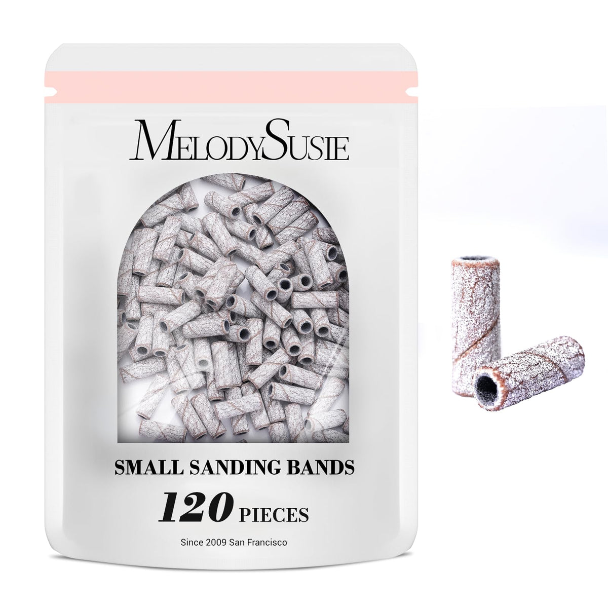 MelodySusie 120 Pcs Nail Drill Bits Small Sanding Bands for 3.1mm Mandrel Bit, 180 Fine Grit Nail File for Acrylic Nails Gel Manicures and Pedicure, Pink (Only Sanding Bands)
