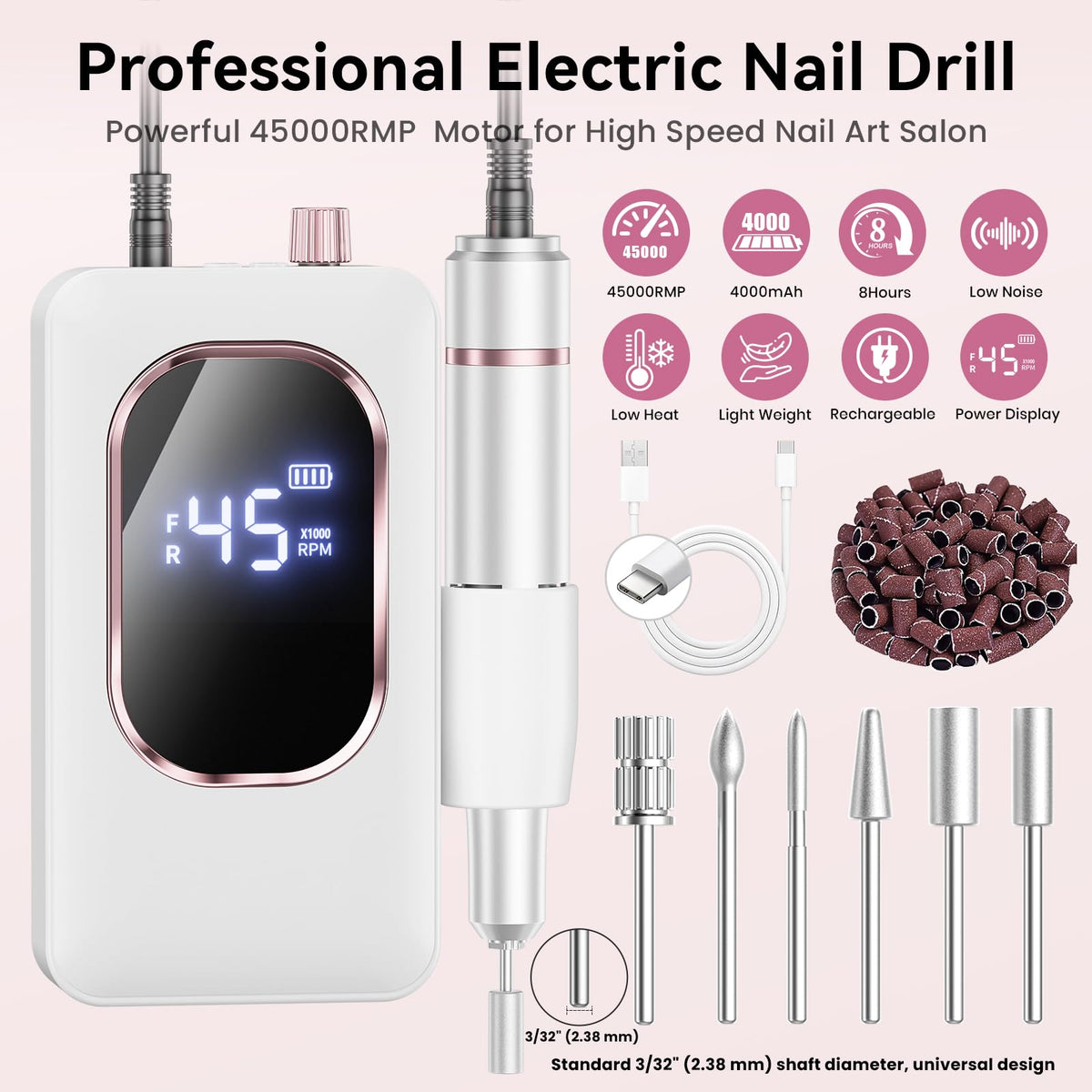 Hoxida Professional Nail Drill 45000RPM,Electric Nail File with LCD Display