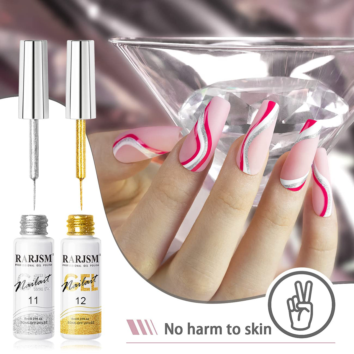 RARJSM Metallic Gel Liner Nail Art Silver Bronze Gold 2pcs Set Mirror Chrome 3D Effect Gel Nail Polish 8ml Build in Thin Brush Metal Painted Drawing Stripper Gelpolish Curing Requires for Home Salon