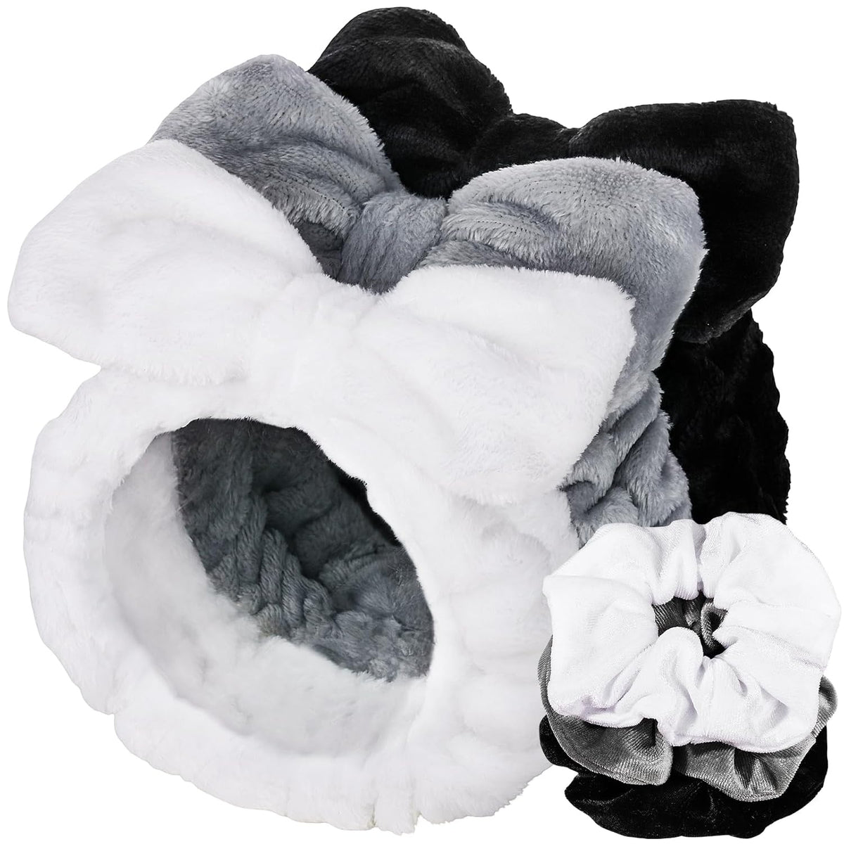 LEOBRO Spa Headband, 6pcs Makeup Headbands and Hair Scrunchies, Bow Skin Care Headband for Washing Face for Teen Girls Women, Easter Basket Valentines Christmas Gift for Girls, Black & White & Gray