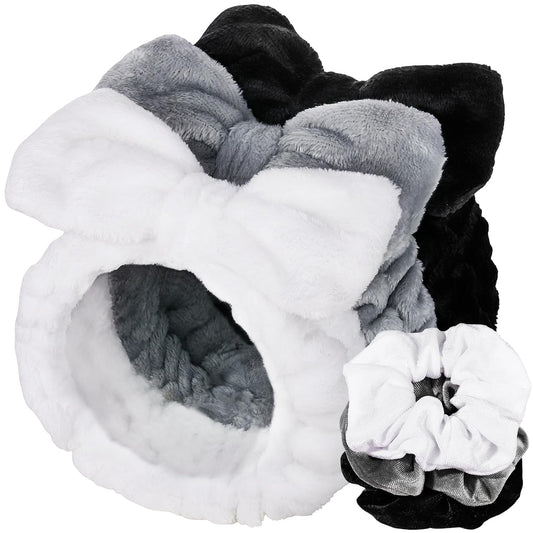 LEOBRO Spa Headband, 6pcs Makeup Headbands and Hair Scrunchies, Bow Skin Care Headband for Washing Face for Teen Girls Women, Easter Basket Valentines Christmas Gift for Girls, Black & White & Gray