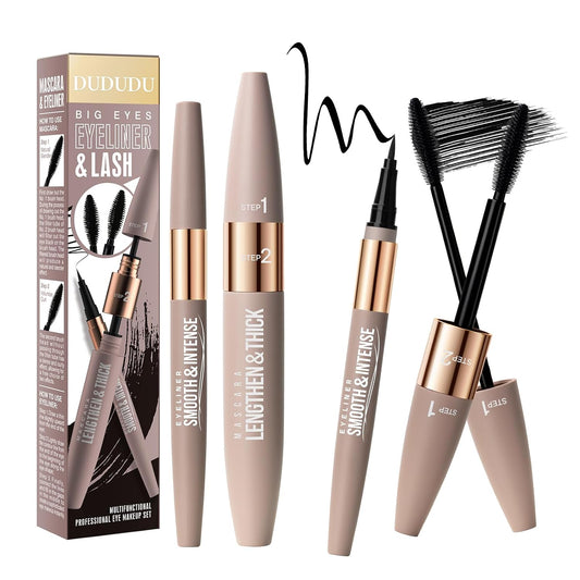 DUDUDU 2-in-1 Mascara and Eyeliner Set, Black Waterproof Volumizing and Lengthening Mascara, Ideal for Older Women 60 Plus & Sparse Lashes, 24HR Smudge-Proof Gentle Lash Extension Kit