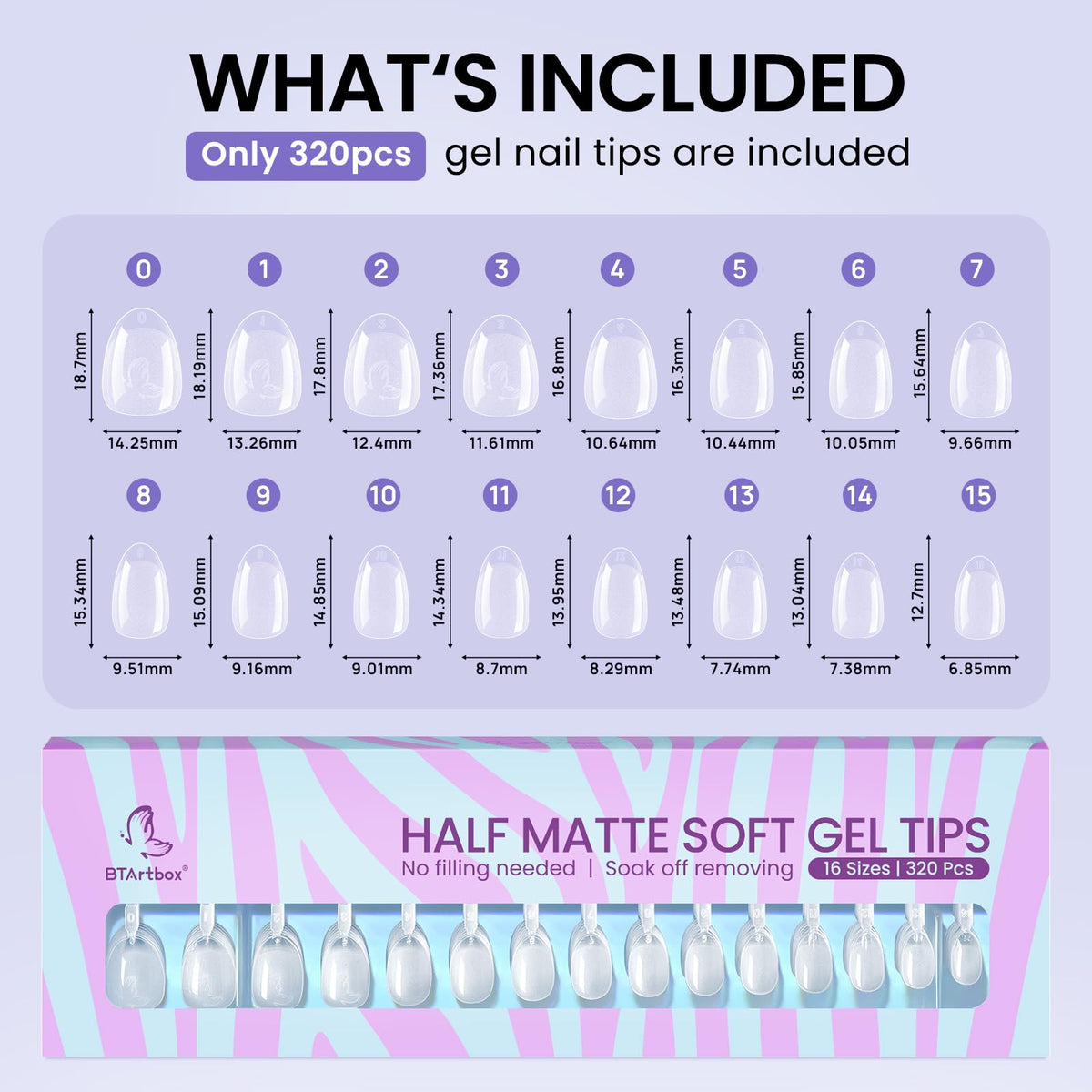 BTArtbox Half Cover Clear Fake Nails with Case, Long Square, 500 Pcs