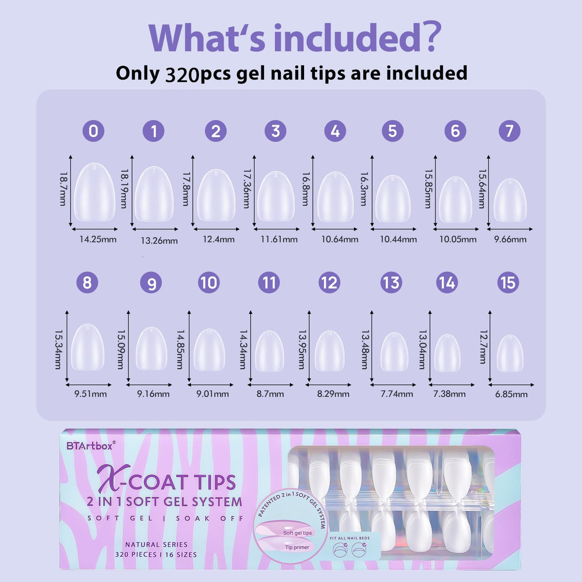 BTArtbox Half Cover Clear Fake Nails with Case, Long Square, 500 Pcs