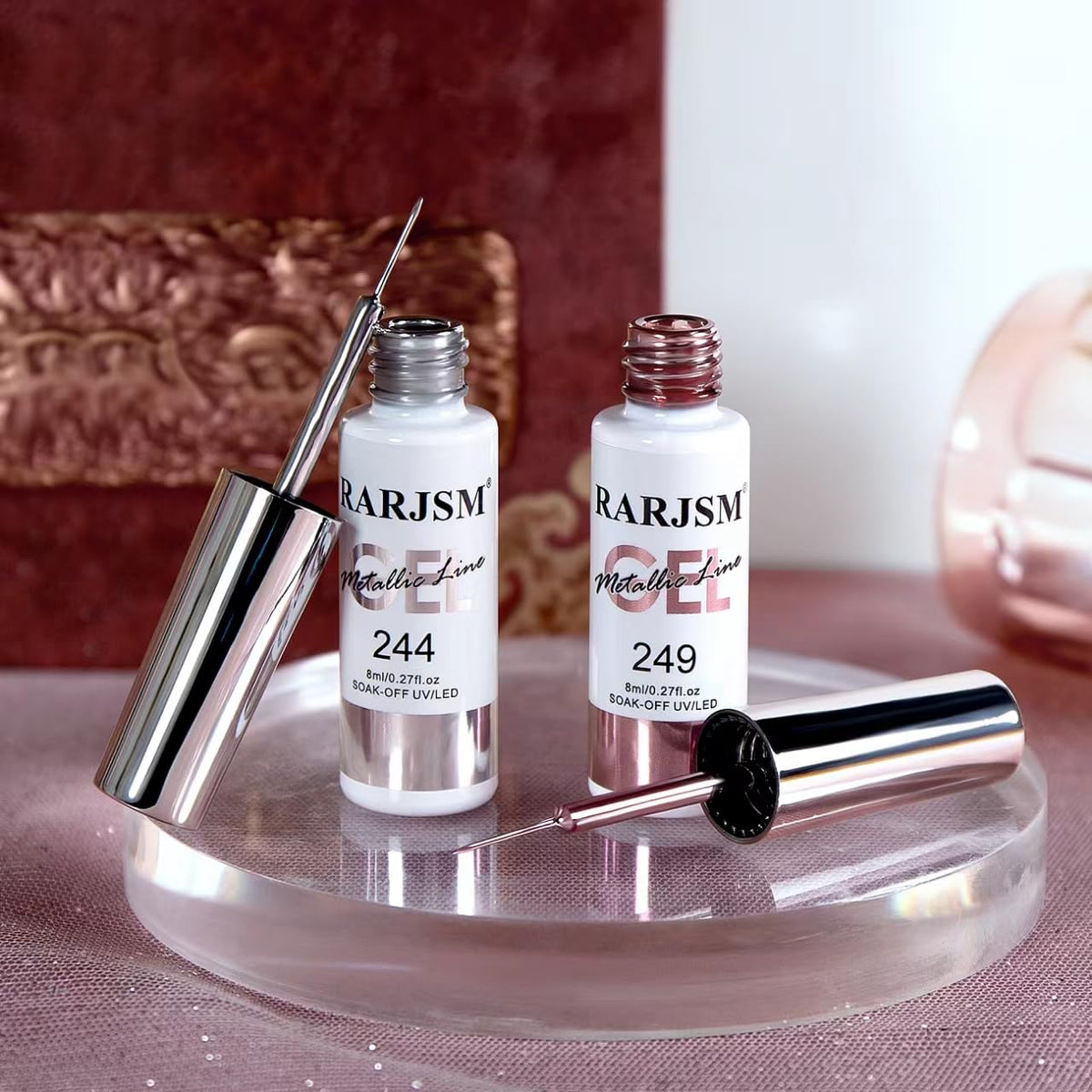 RARJSM Metallic Gel Liner Nail Art Silver Bronze Gold 2pcs Set Mirror Chrome 3D Effect Gel Nail Polish 8ml Build in Thin Brush Metal Painted Drawing Stripper Gelpolish Curing Requires for Home Salon